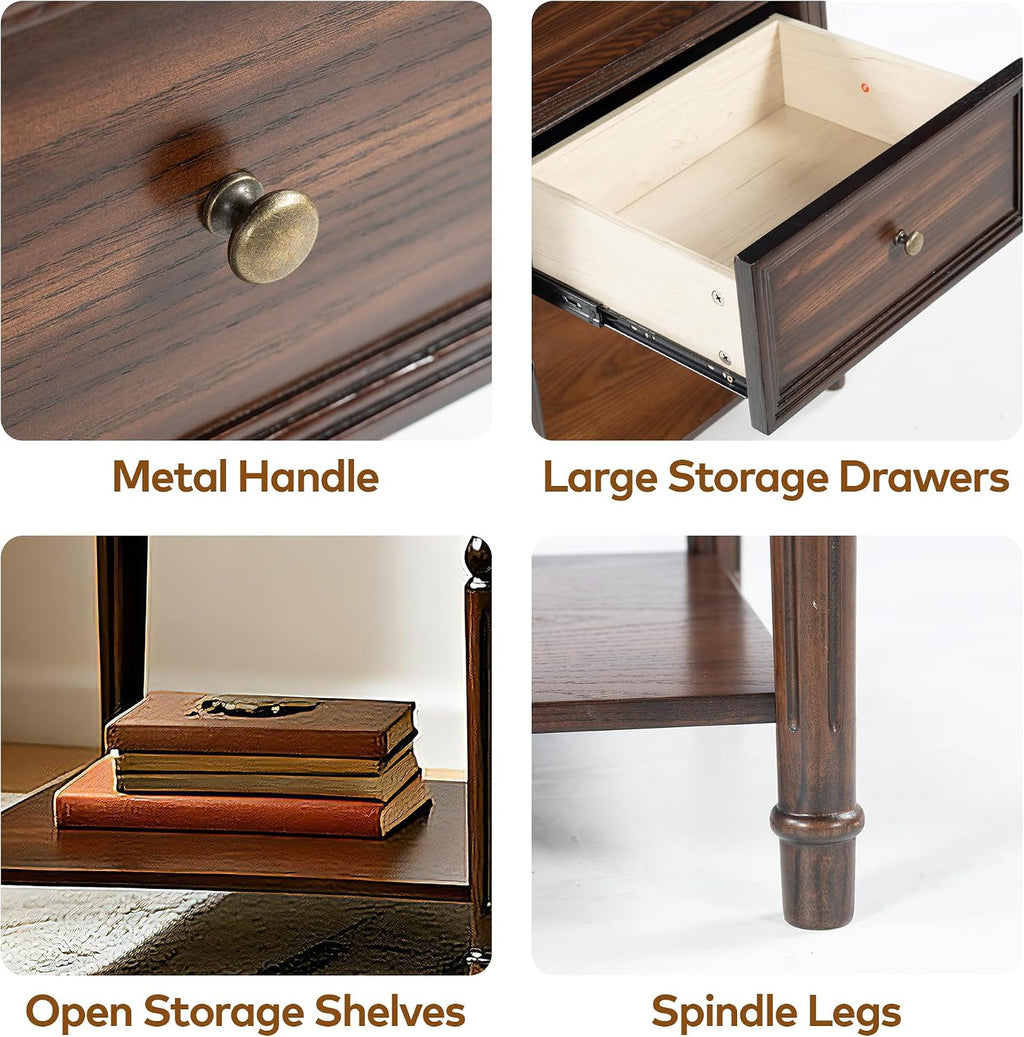 Solid Wood Nightstands Set of 2 with Drawer, Farmhouse End Table Sofa Side Table with Storage Shelves, Real Wood Beside Table Accent Table for Small Spaces, Living Room, Easy Assembly (Walnut)