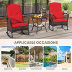 ORALNER 3 Pieces Patio Furniture Wicker Rocker Set, Outdoor Rocking Chairs with Cushions, Pillows, Glass Coffee Table, Rattan Bistro Set for Balcony Front Porch Poolside Garden Deck (Red)