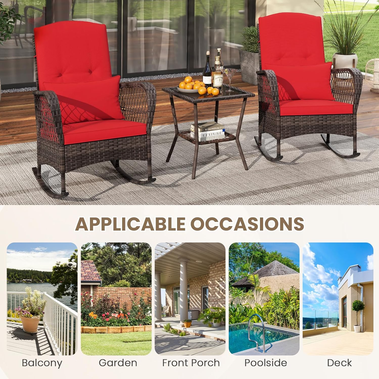ORALNER 3 Pieces Patio Furniture Wicker Rocker Set, Outdoor Rocking Chairs with Cushions, Pillows, Glass Coffee Table, Rattan Bistro Set for Balcony Front Porch Poolside Garden Deck (Red)