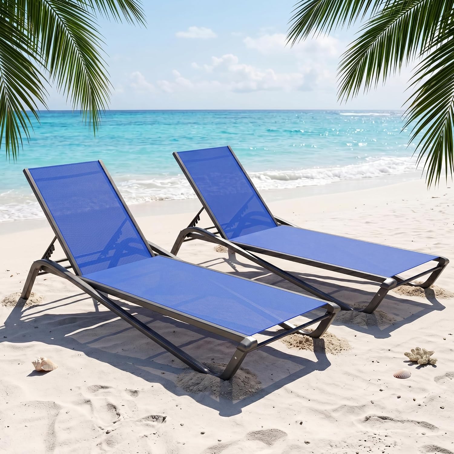 Aluminum Chaise Lounge Outdoor set of 2,Textilene Patio Lounge Chair with 6-Position Adjustable Backrest,Stackable & Easy Assembly,Lightweight for Pool,Deck,Balcony,Lawn,Light Gray,Royal Blue