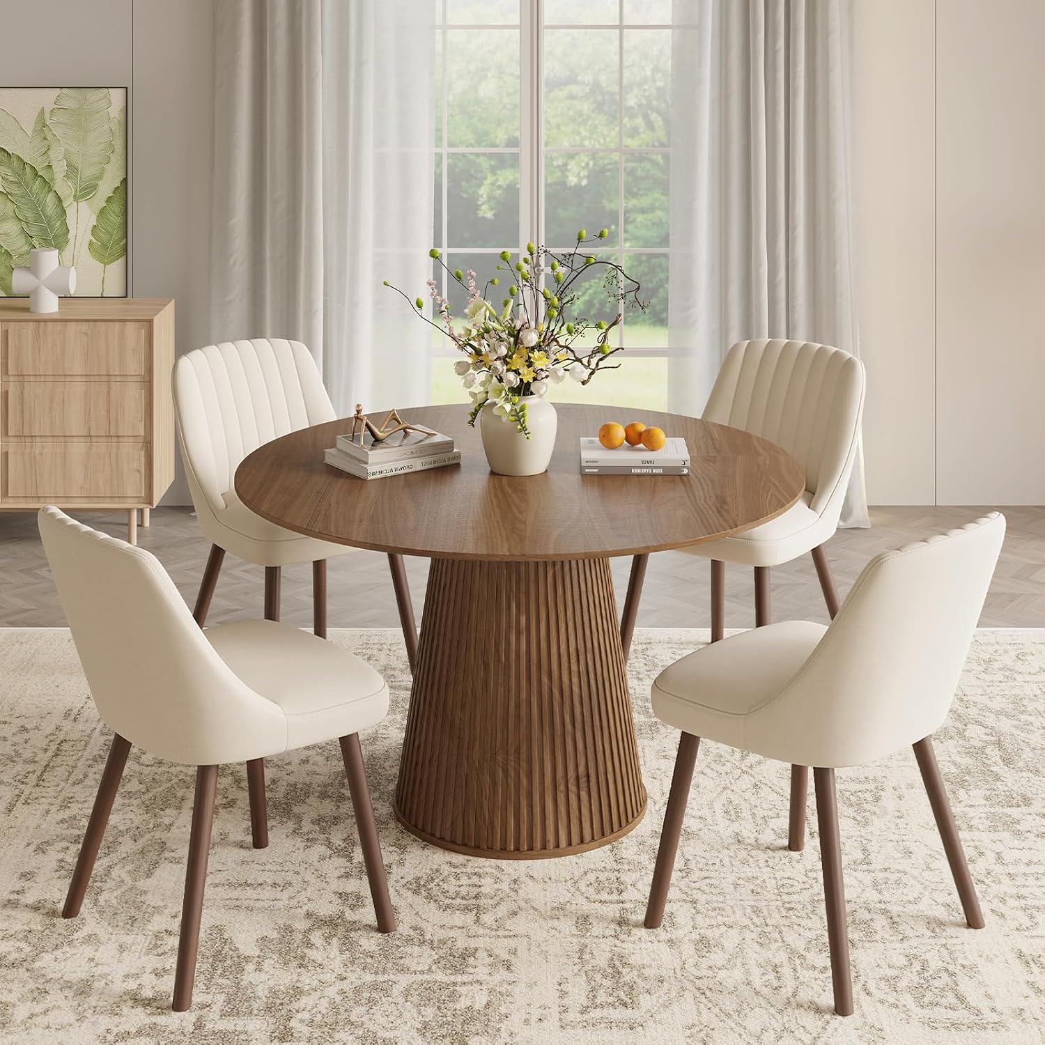 MALOL Upholstered Dining Chairs Set of 4, Modern Fabric Kitchen Chairs with Back, Wood Legs for Kitchen Dining Room Restaurant, Beige