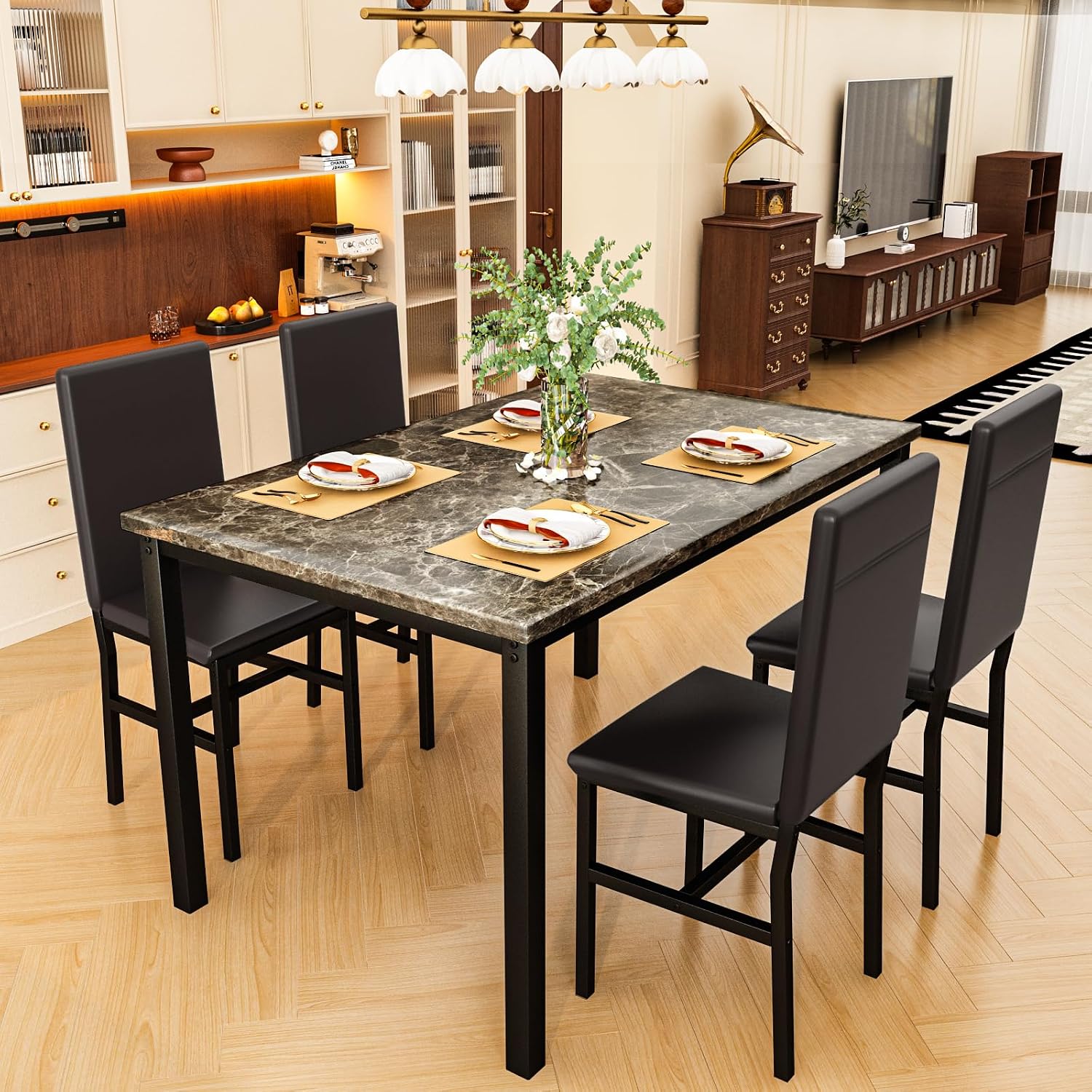 Lamerge Dining Table Set for 4, Faux Marble Table and 4 PU Leather Chairs, Kitchen Table and Chairs for 4, Modern Dining Room Table Sets for Small Spaces, Living Room, Breakfast Nook, (Coffee Color)