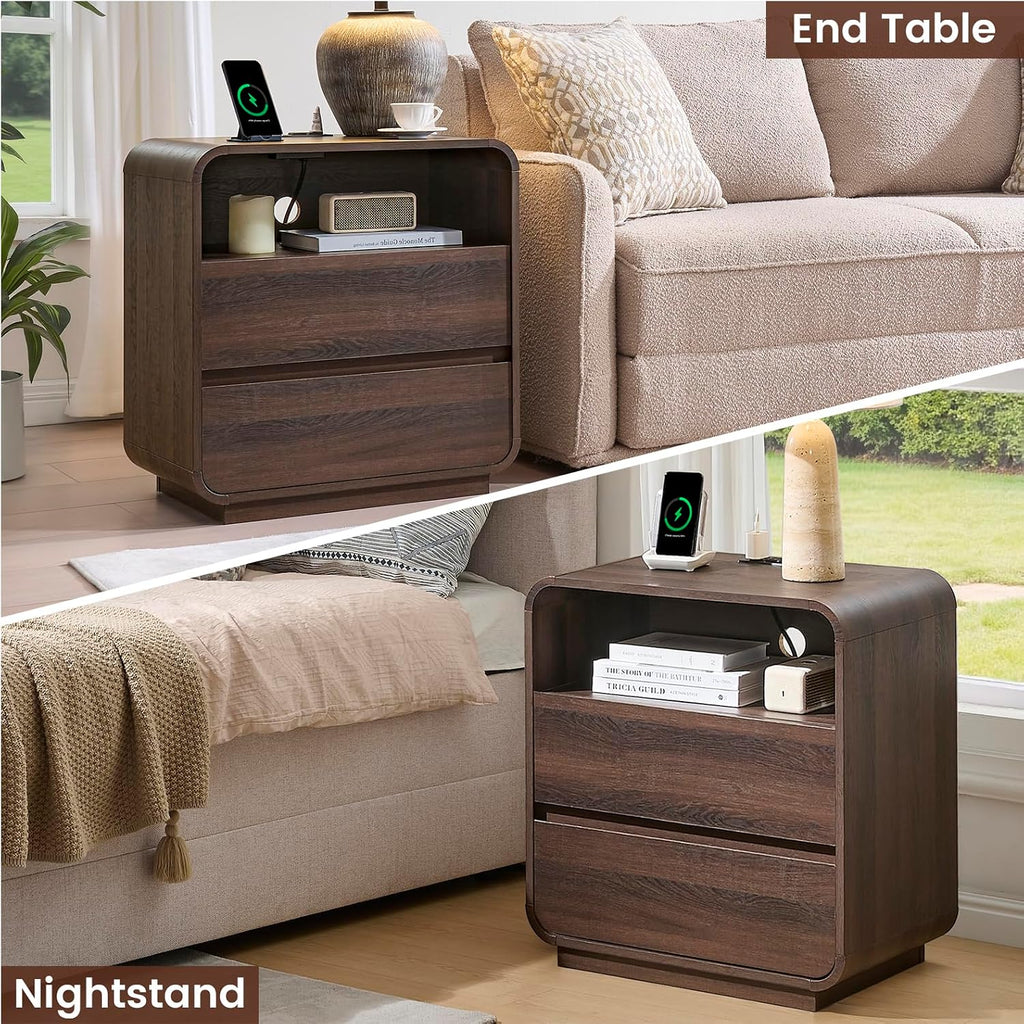 Standifurno Modern Walnut Nightstand, 25" Tall Wooden Bedside Table with Charging Station, 2 Storage Drawers Side Table Curved Profile, Handleless, Large End Table Night Stand for Bedroom, Office