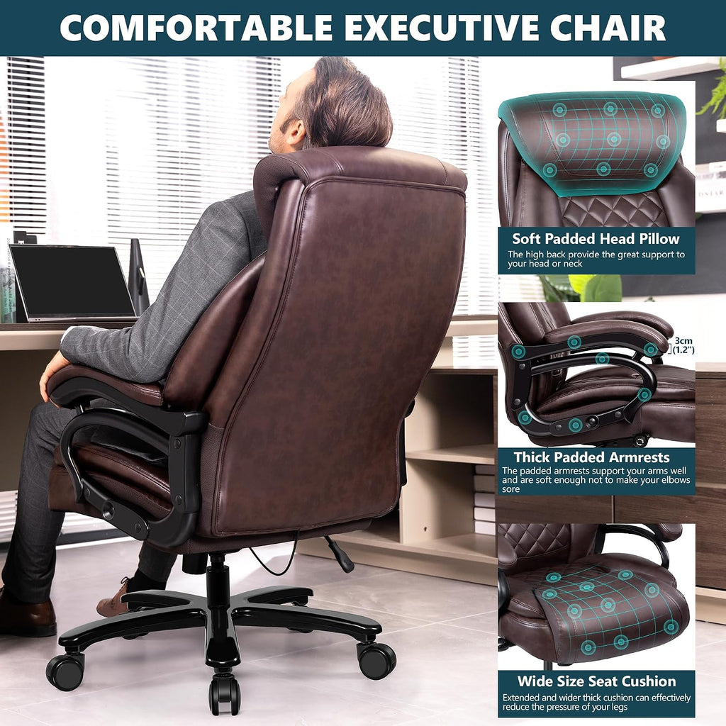 Big and Tall 500lbs Office Chair,Heavy Duty Large PU Leather Executive Desk Chair with Wide Seat, Adjustbale Ergonomic Lumbar Support High Back Rocking Computer Chair for Heavy People (Brown)