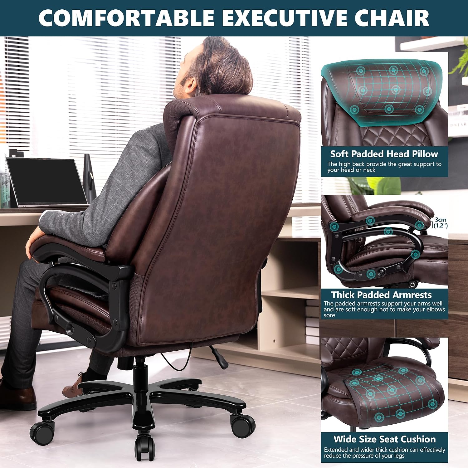 Big and Tall 500lbs Office Chair,Heavy Duty Large PU Leather Executive Desk Chair with Wide Seat, Adjustbale Ergonomic Lumbar Support High Back Rocking Computer Chair for Heavy People (Brown)