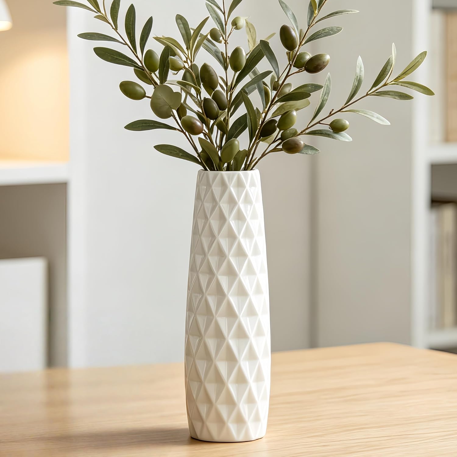 12 Inch White Vase Ceramic Flower Vase, Tall Vases for Pampas Grass, Home Decor, Modern Textured Vases for Living Room Decorations,Table Centerpieces,Shelf,Farmhouse Small Ceramic Vase