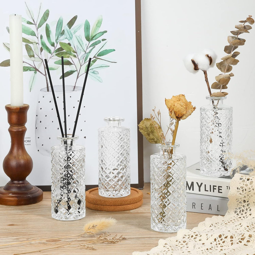 ComSaf Glass Bud Vases Set of 12, Small Diamond Bud Vases in Bulk, Mini Flowers Vases for Centerpieces, Vintage Bottle for Table Decorations, Wedding Decor, Recepetion, Home, (Clear)