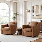 Swivel Accent Chairs Set of 2, 360° Swivel Upholstered Faux Leather Club Armchairs for Living Room, Comfy Single Sofa Reading Chair with Deep Seat, Metal Swivel Base, Brown