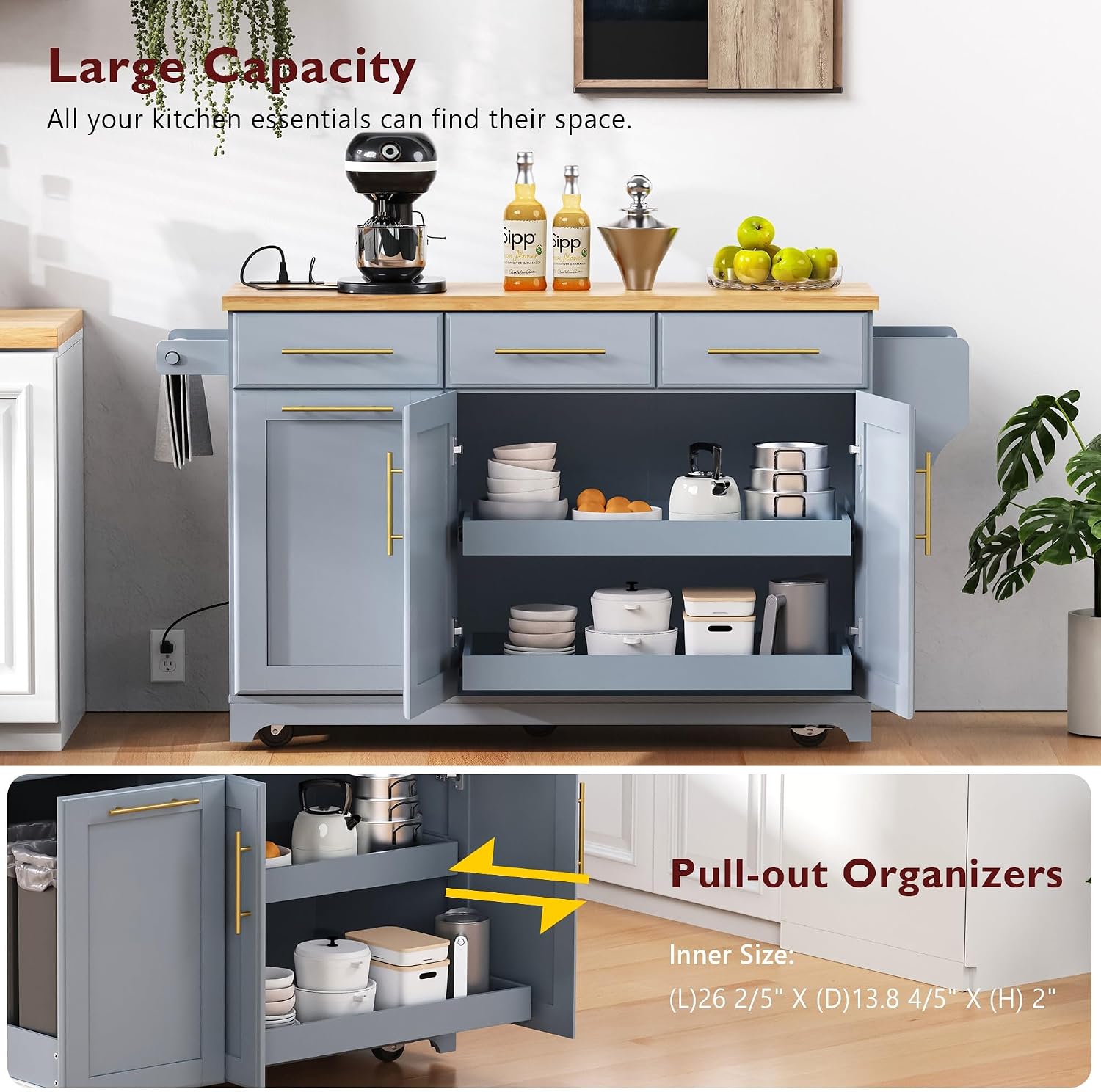 59.3" Kitchen Island with Drop Leaf and Pull Out Trash Can Storage Cabinet, Rolling Kitchen Island Table with Power Outlet, Spice & Towel Rack for Kitchen, Dining, Grey Blue