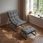 Patio Outdoor Lounge Chair with Ottoman, Armless Lounge Chair with Black Metal Frame & Cushion, Corduroy Upholstered Tufted Accent Chair with Matching Ottoman for Living Room, Grey