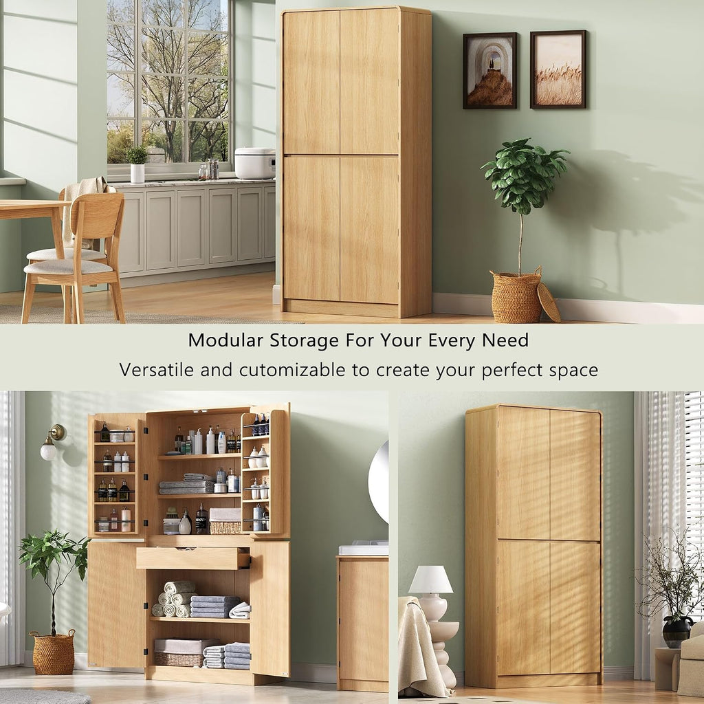 72" Tall Farmhouse Kitchen Pantry Cabinet with 8 Door Shelves, Curved Design Storage Cabinet with 3 Adjustable Shelves, Hidden Drawer, Versatile Cupboard for Kitchen, Dining Room, Natural