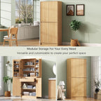72" Tall Farmhouse Kitchen Pantry Cabinet with 8 Door Shelves, Curved Design Storage Cabinet with 3 Adjustable Shelves, Hidden Drawer, Versatile Cupboard for Kitchen, Dining Room, Natural