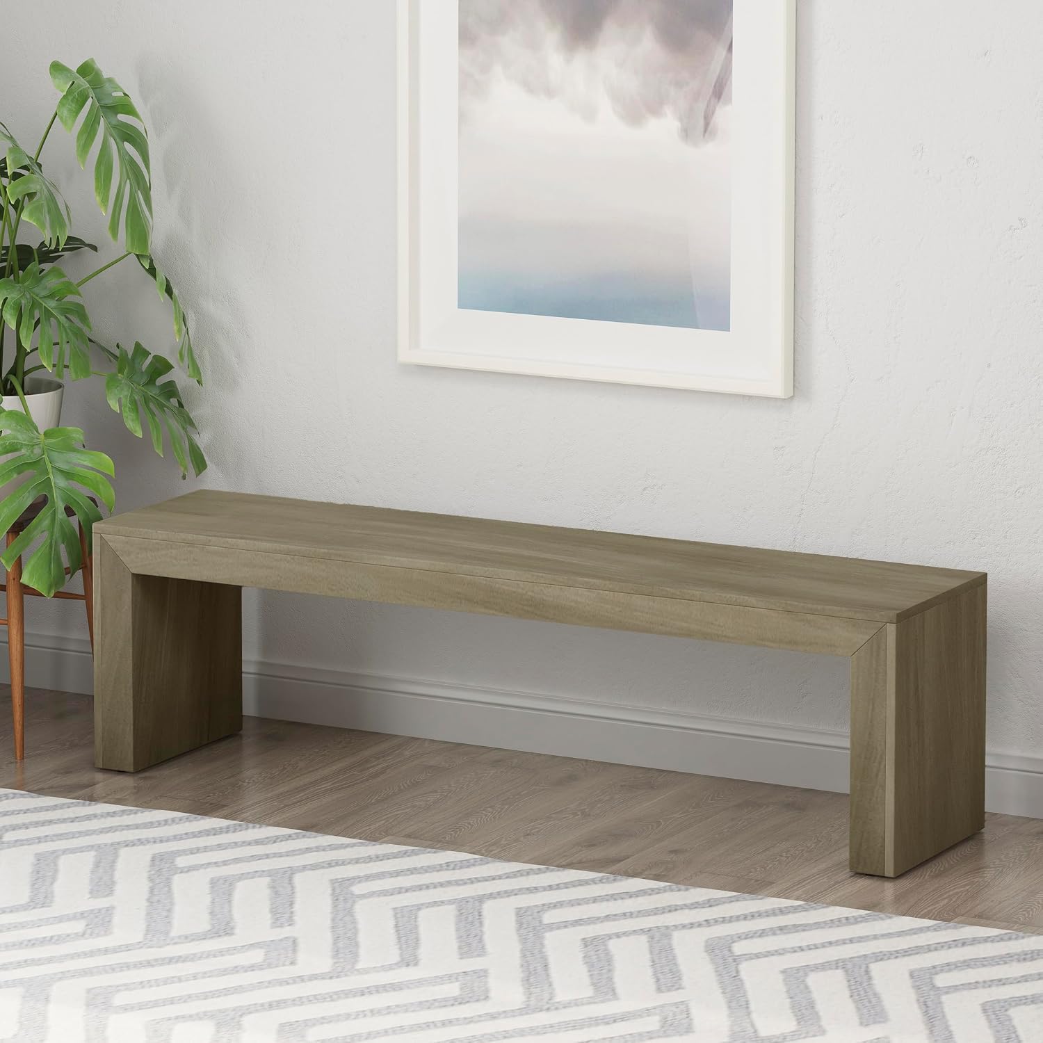 GDFStudio Farmhouse Acacia Wood Dining Bench, Light Gray Oak