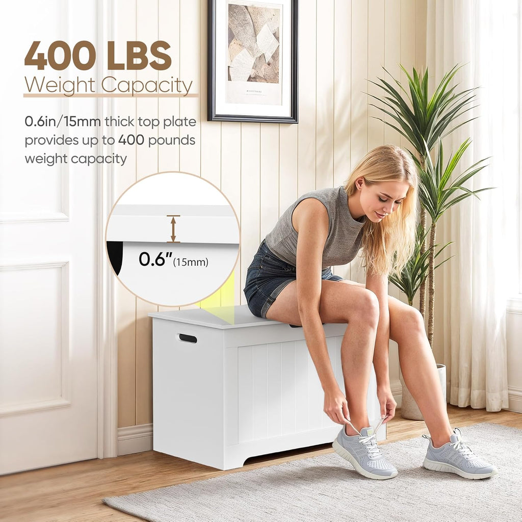 Storage Chest with Flip-top Lid, Large Wood Trunk Bench with Safety Hinge, Bedroom Living Room Clothes Blanket Organizer Bin with 100L Storage Area, White