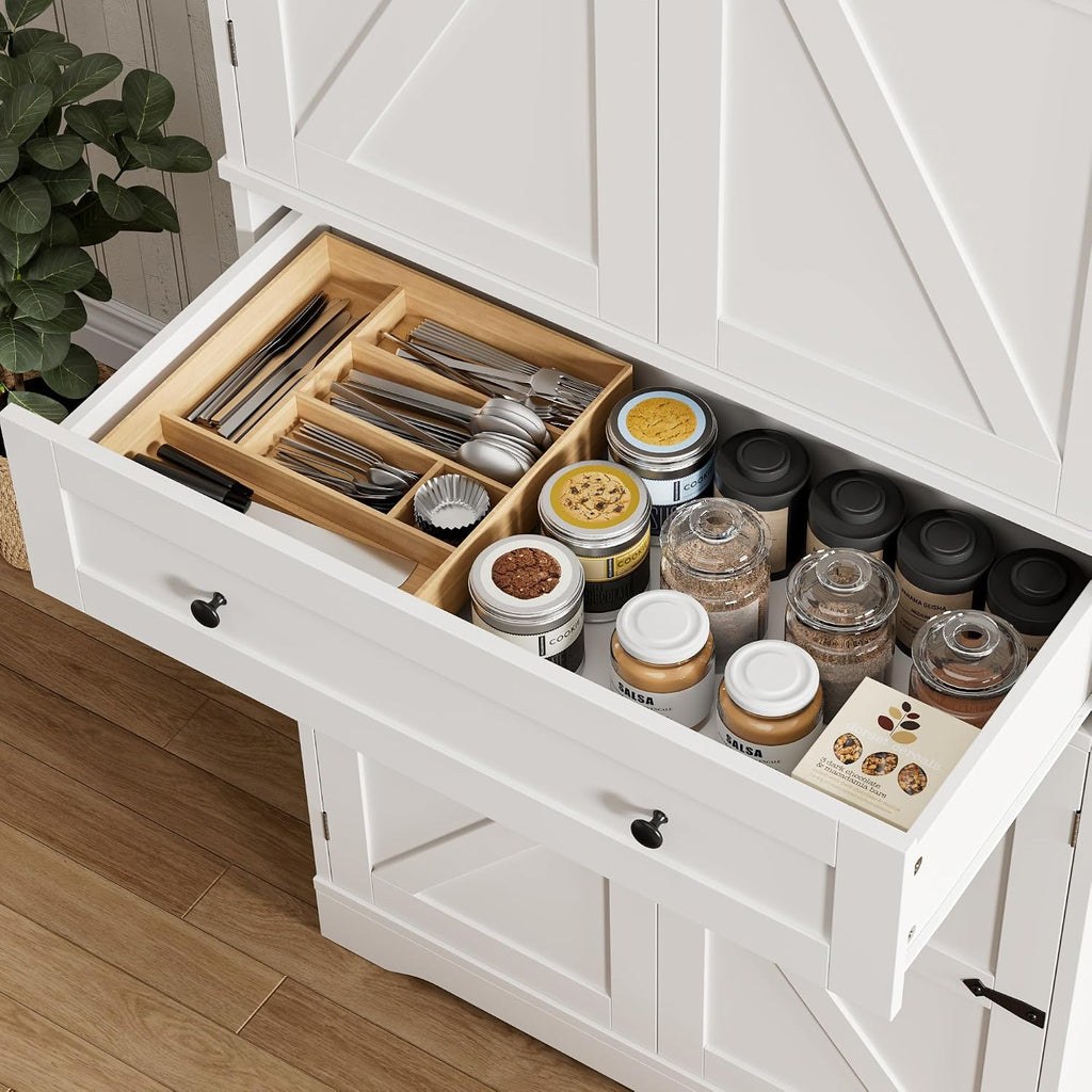 HOSTACK 71" Tall Pantry Cabinet, Farmhouse Kitchen Pantry with Storage Shelves, Barn Doors Food Storage Cabinet, Freestanding Kitchen Hutch with Large Drawer for Living Room, White + Rustic Brown