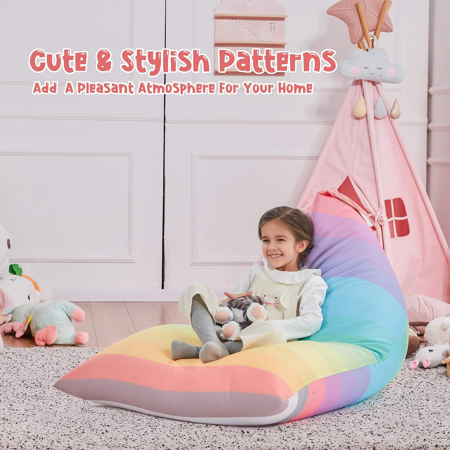 Stuffed Animal Storage Bean Bag Chair Cover for Kids Teens (No Filler) 250L Washable Large Beanbag Cover for Kids Room Organizing Plush Toys or Home Living Room Textile,Rainbow