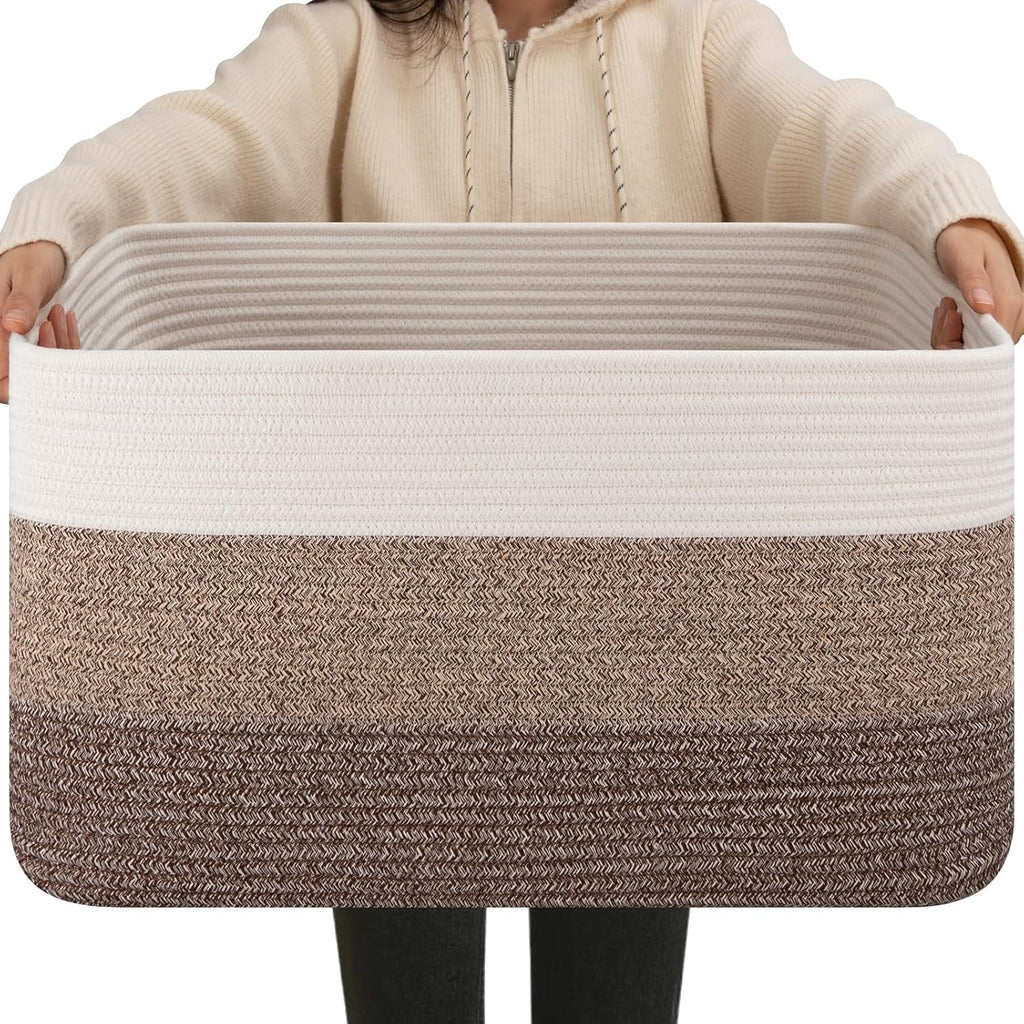 OIAHOMY Large Blanket Basket For Living Room, Rectangle Woven Baskets for Storage, Nursery Toy Storage With Handle-22”x17”x12”-Gradient Dark Brown