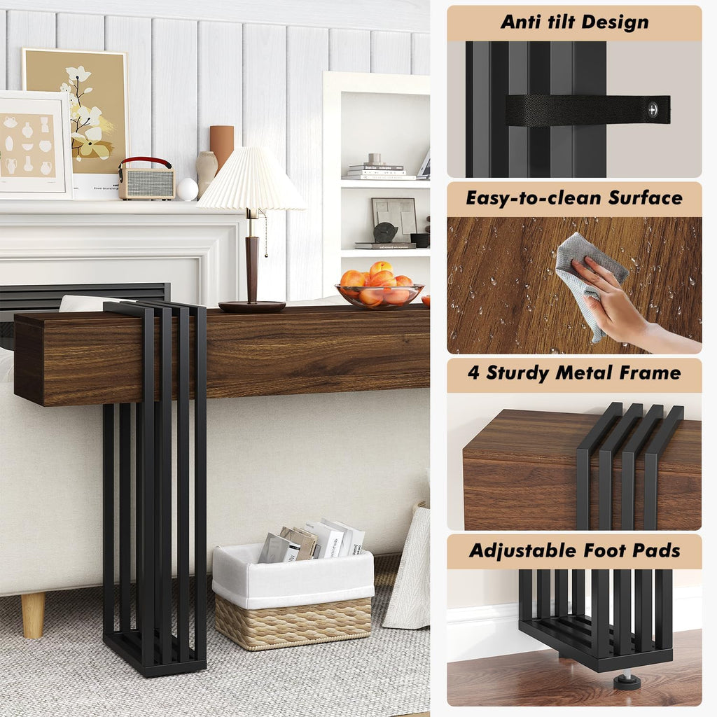 knoworld 71 Inch Long Console Table, Extra Thick Industrial Sofa Table Behind The Couch Rectangular Entryway Table for Entrance Hallway Living Room, Entire top Board & 4-Pipe Legs, Walnut