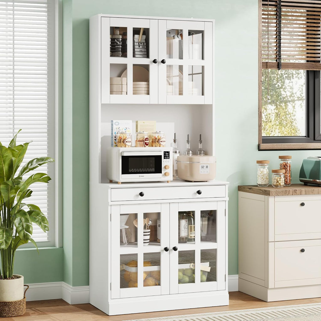 Garvee 72 Inch Kitchen Pantry Cabinet with Glass Doors, Drawer and Adjustable Shelves, Farmhouse Tall Storage Cabinet with Open Countertop, Coffee Bar Cabinet for Coffee Corner, White