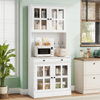 Garvee 72 Inch Kitchen Pantry Cabinet with Glass Doors, Drawer and Adjustable Shelves, Farmhouse Tall Storage Cabinet with Open Countertop, Coffee Bar Cabinet for Coffee Corner, White