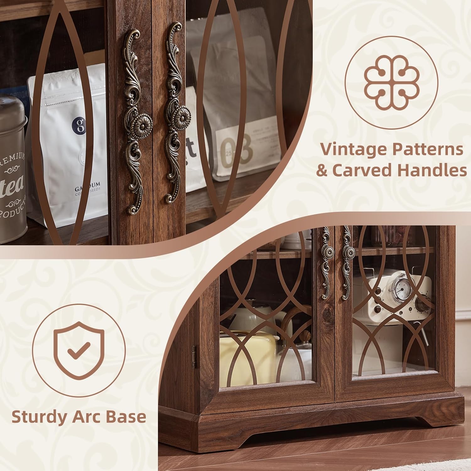 Joaxswe 67" Tall Pantry Cabinet Set of 2, Vintage Kitchen Pantries Cabinets with Glass Doors & Adjustable Shelves, Wood Cupboard with Large Storage for Dining Room, Bathroom, Brown