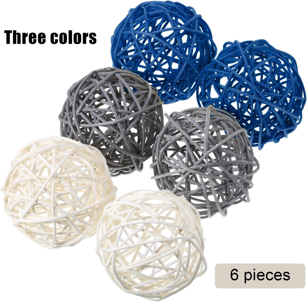 Yaomiao 6 Pieces Wicker Rattan Balls Decorative Orbs Vase Fillers for Craft, Party, Wedding Table Decoration, Aromatherapy Accessories(Blue Gray White)