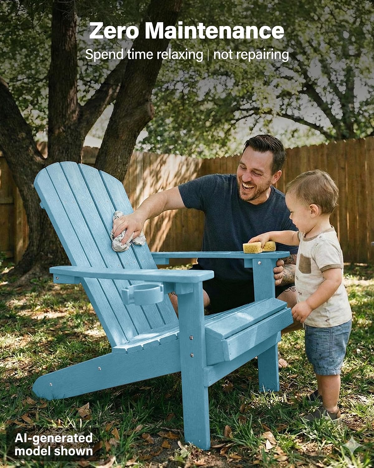 YEFU Adirondack Chair Weather Resistant: Outdoor Chair HIPS Plastic Adirondack Chairs - Patio Chairs with Cup Holder & Wood Texture - Lawn Fire Pit Deck Porch Garden Chairs for Adults (Blue)