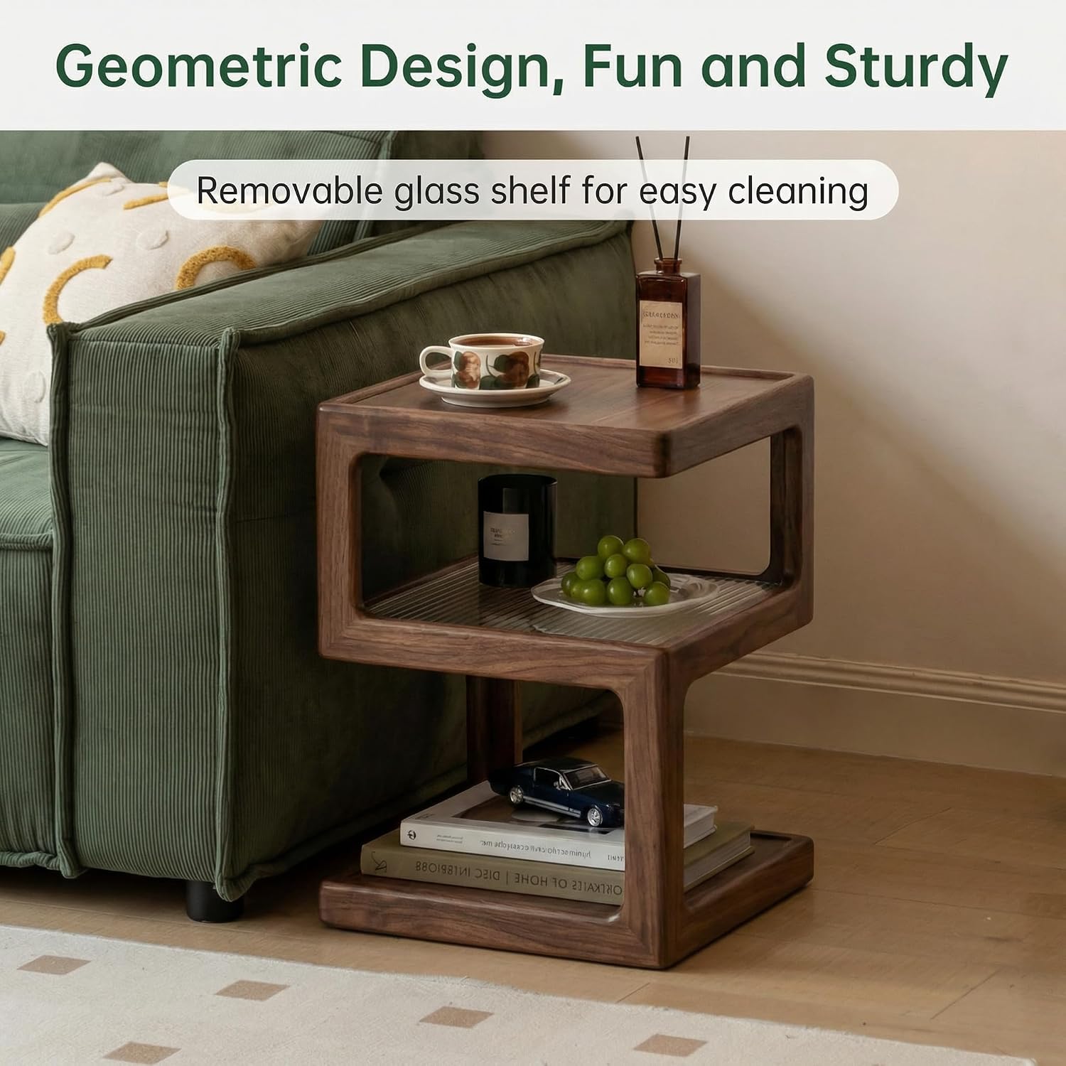 YESWOOD Solid Wood Side Table, Small End Table for Living Room Bedroom, Wooden Nightstand Bedside Table, 3-Tier Open Shelf Night Stand, Modern Accent Table for Sofa & Couch(Walnut, 15.74"D x 21.65"H)