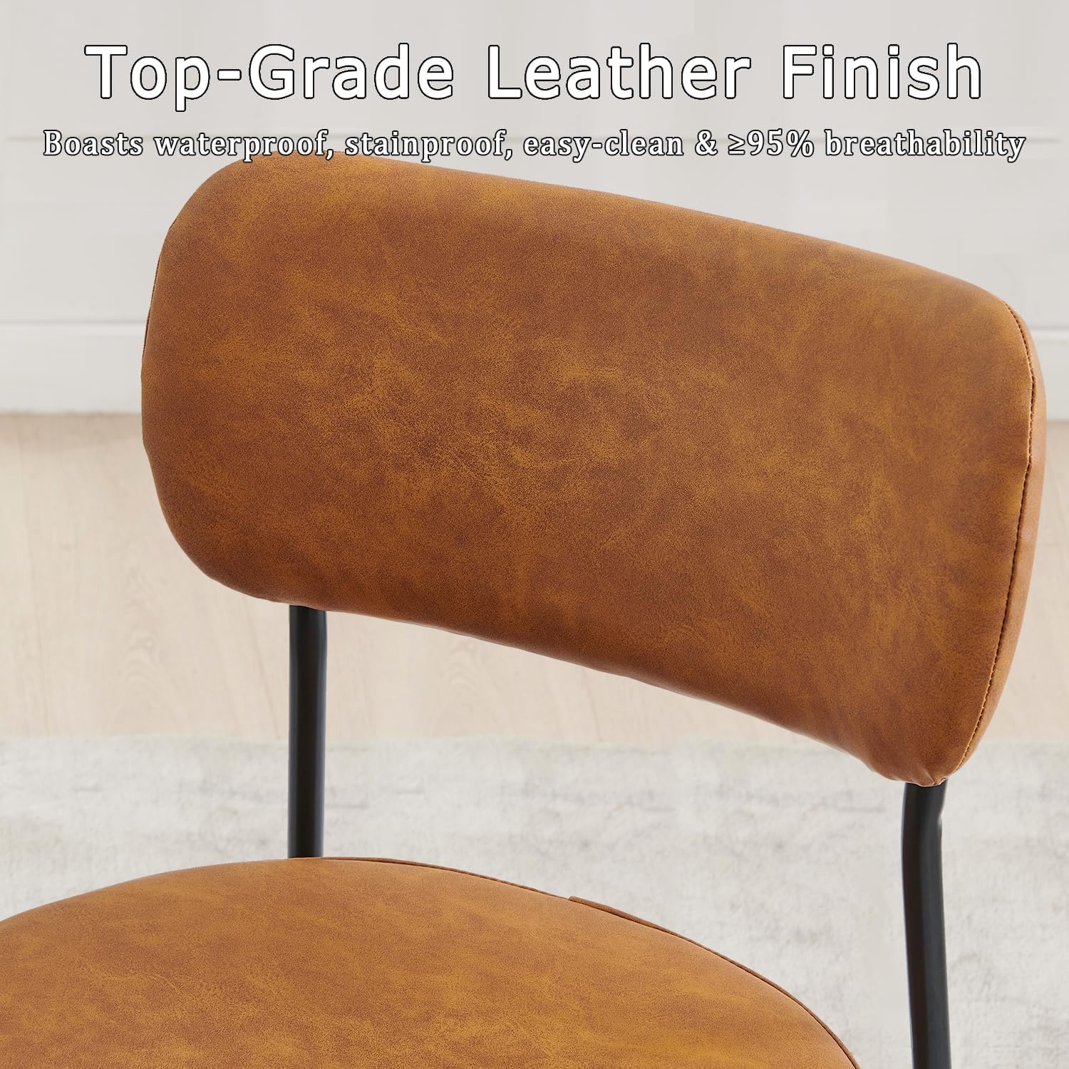 Brown Dining Chairs Set of 4 with Curved Back, Leather Dining Chairs with PU Soft Cushion Seat & Metal Legs, Comfortable Modern Chair for Kitchen, Living Room