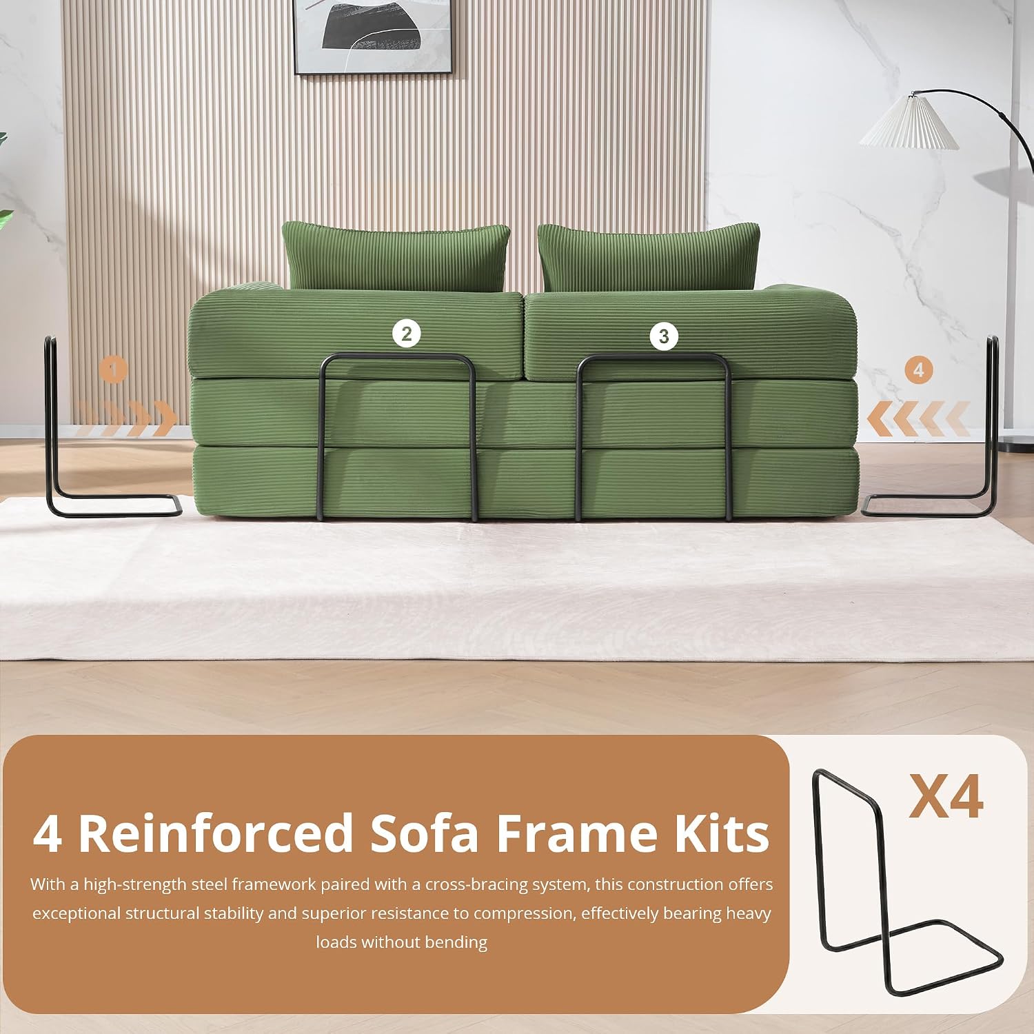 4-in-1 Folding Convertible Sofa Bed, 78 Inch Oversized Corduroy Loveseat Sleeper with Pull Out Bed, Boneless Futon Couch for Living Room Bedroom, No Assembly Needed, Olive Green