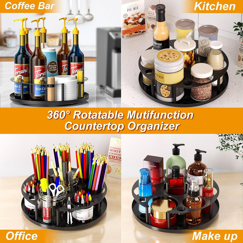 Coffee Syrup Organizer 8 Bottles, Rotating Coffee Syrup Holder with Stirrers Storage for Syrup Bottles, Cup and Lid, Wine Display, Syrup Rack Stand for Coffee Bar Organizer, Kitchen