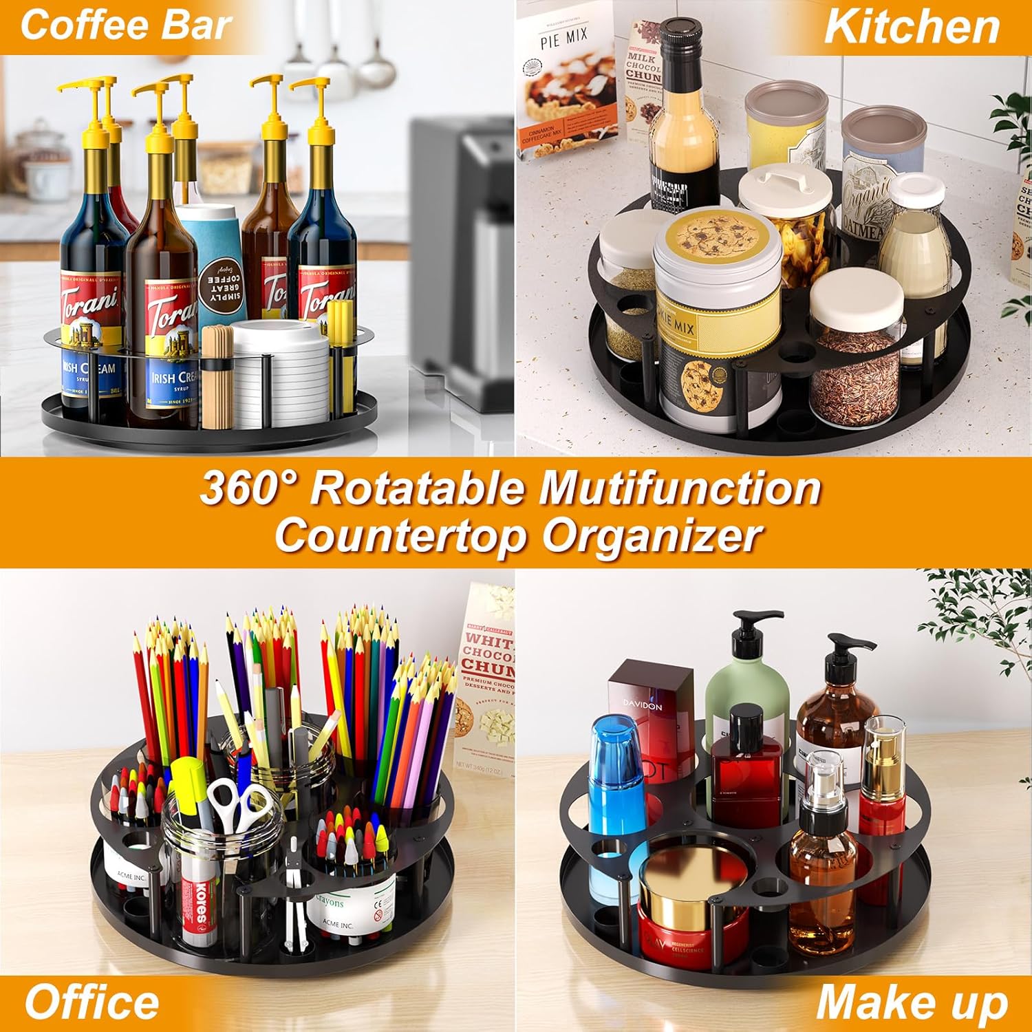 Coffee Syrup Organizer 8 Bottles, Rotating Coffee Syrup Holder with Stirrers Storage for Syrup Bottles, Cup and Lid, Wine Display, Syrup Rack Stand for Coffee Bar Organizer, Kitchen