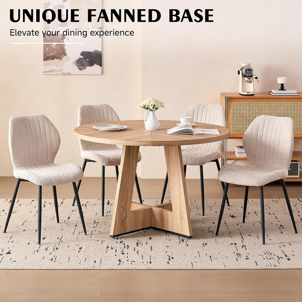 47" Round Dining Room Table Set for 4, [Fanned Base] [1.38" Thick Top] Wood Kitchen Table with 4 Boucle Dining Chairs