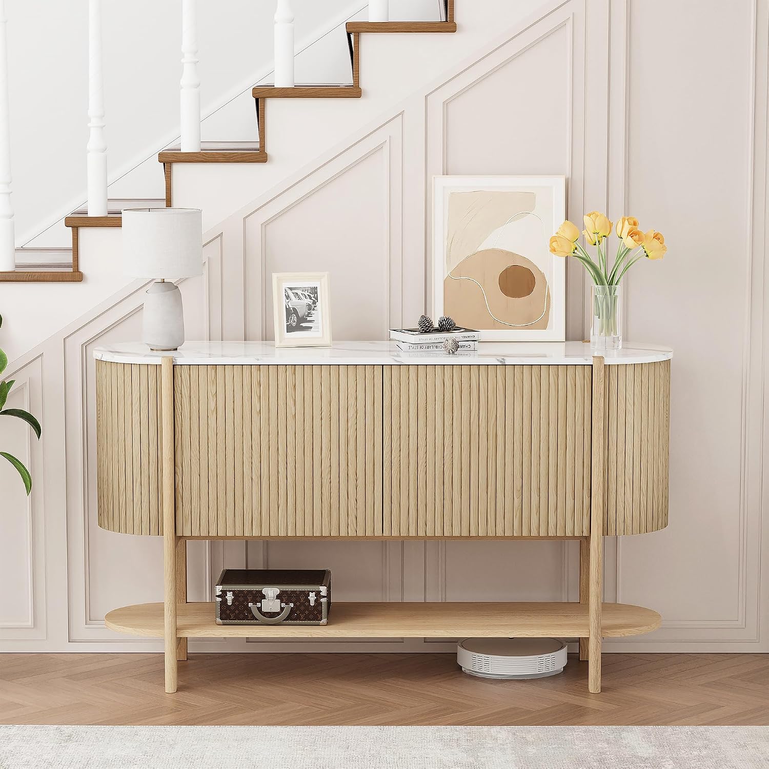 Console Table with Storage, Fluted Entryway Table with 2 Doors and Open Shelf, Long Sofa Table Behind Couch for Living Room, Hallway (Natural)