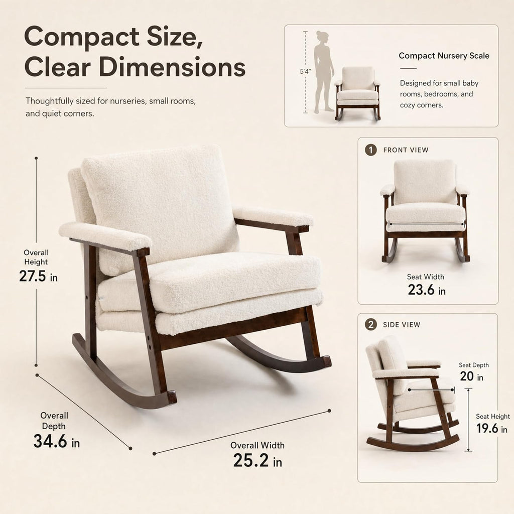 Rocking Chair Nursery, Compact Glider Rocking Chair for Indoor Use, Small Upholstered Rocker Chair for Bedroom Living Room, Teddy Fleece Accent Chair,White