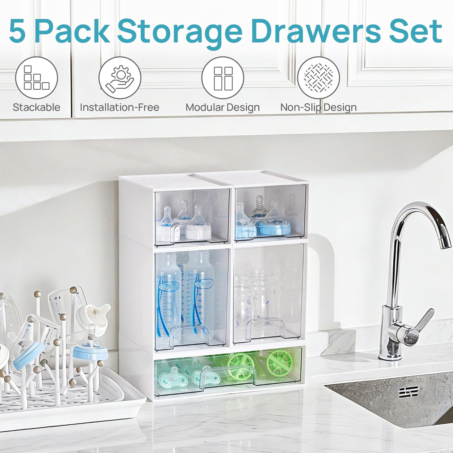 Vtopmart Stackable Storage Drawers Set of 5, Plastic Organizer Bins for Baby Bottle, Beauty Supplies Storage, Ideal for Kichen Countertop, Vanity, Bathroom, Cabinet, Pantry Organization,White