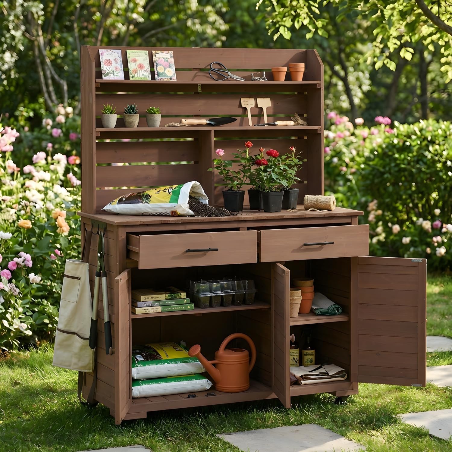 Large Garden Potting Bench with Storage Cabinet and Hutch Top
