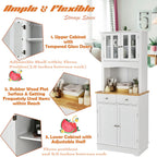LOKO Kitchen Hutch Cabinet, Kitchen Cabinet with Framed Tempered Glass Doors, Flat Countertop and 2 Drawers, Kitchen Pantry Storage Cabinet with Adjustable Shelves, 27 x 16 x 67 inches (White)