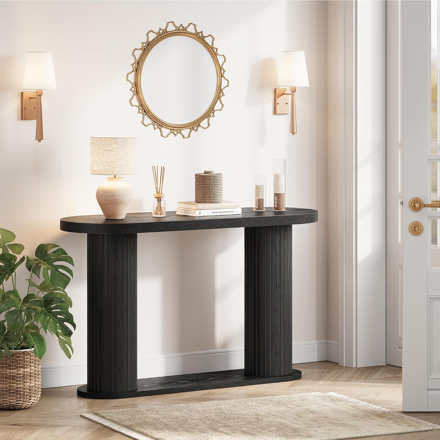 Garvee Fluted Console Table, 42.5 Inch Narrow Wood Entryway Table with Storage Shelf, Sofa Table Behind the Couch, for Hallway, Living Room, Foyer, Entrance, Black