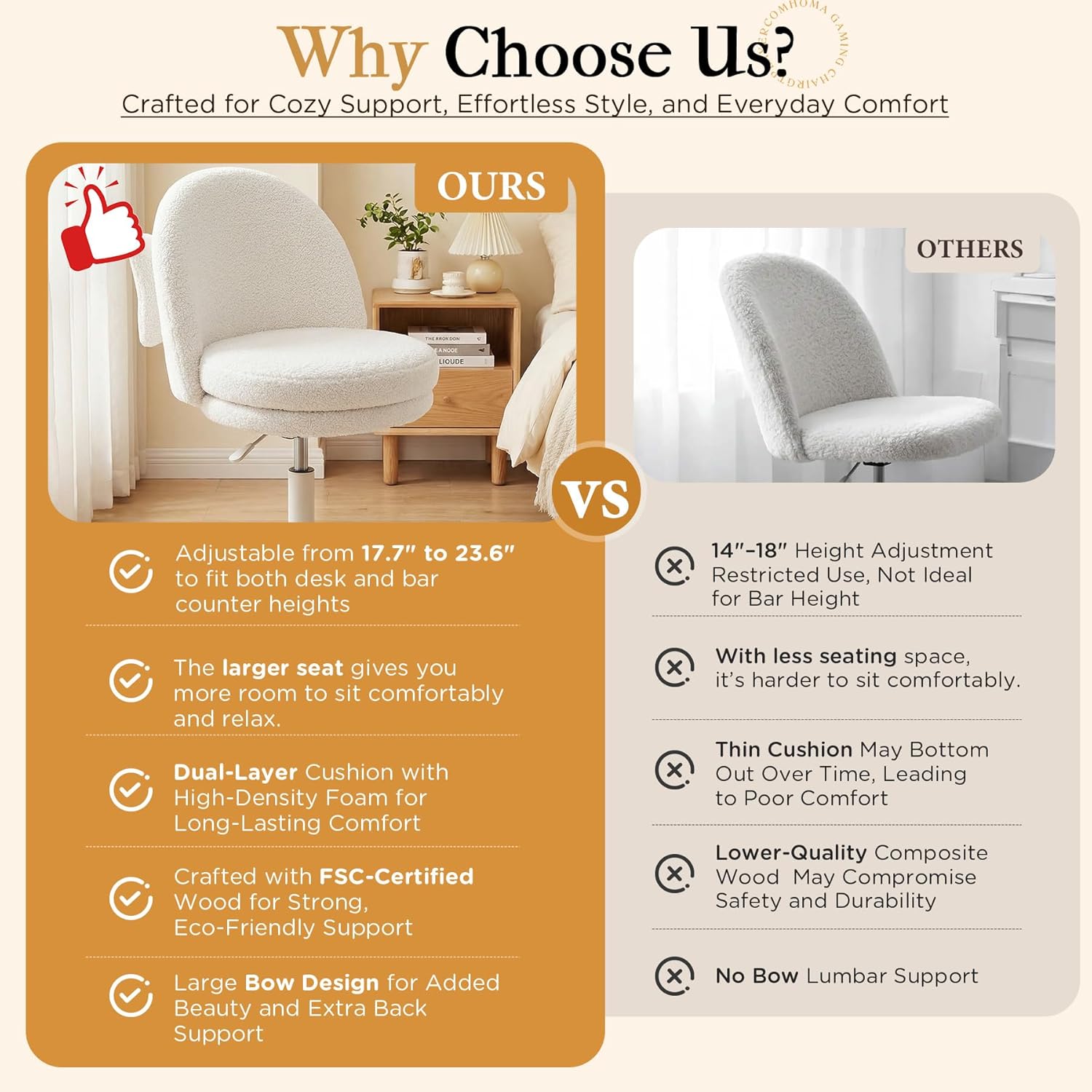 COMHOMA Vanity Chair with Wheels Velvet Tall Office Chair with Back,Armless Desk Chair Comfy Height Adjustable, Soft Lumbar Support for Girls Bedroom Home Vanity Bow Pillow for Gift,White