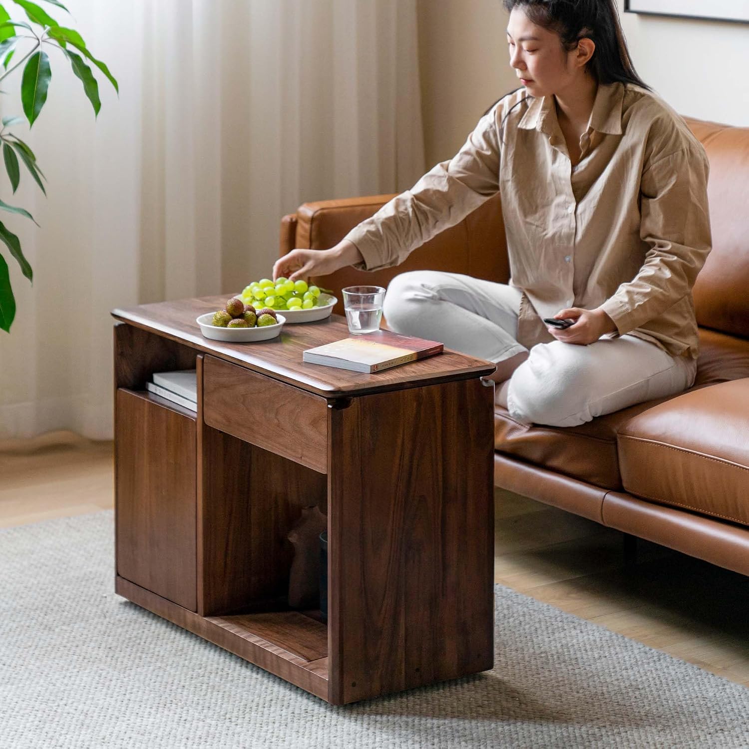 YESWOOD Solid Wood Side Table, Storage Side Table with Wheels, Narrow End Table with Drawer & Door, Rolling Bedside Table for Living Room, Dining Room(15.74" D x 23.62" W x 21.65" H, Walnut)