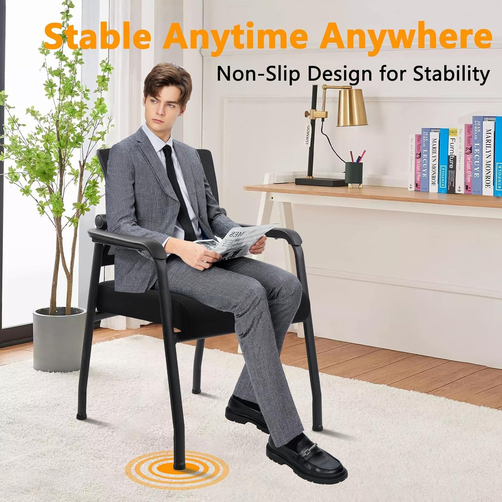 KLASIKA Office Guest Chairs No Wheels | Ergonomic Lumbar Support and Thicked Seats Cushion, Desk Chair with Adjustable Mesh Back for Waiting Room School Church Reception，Black