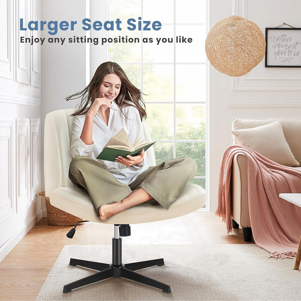 DUMOS Criss Cross Chair No Wheels, Wide Seat Cross Legged Office Desk Vanity Chair, Faux Leather Armless Height Adjustable Swivel Task Computer Chairs for Home, Study, Beige PU