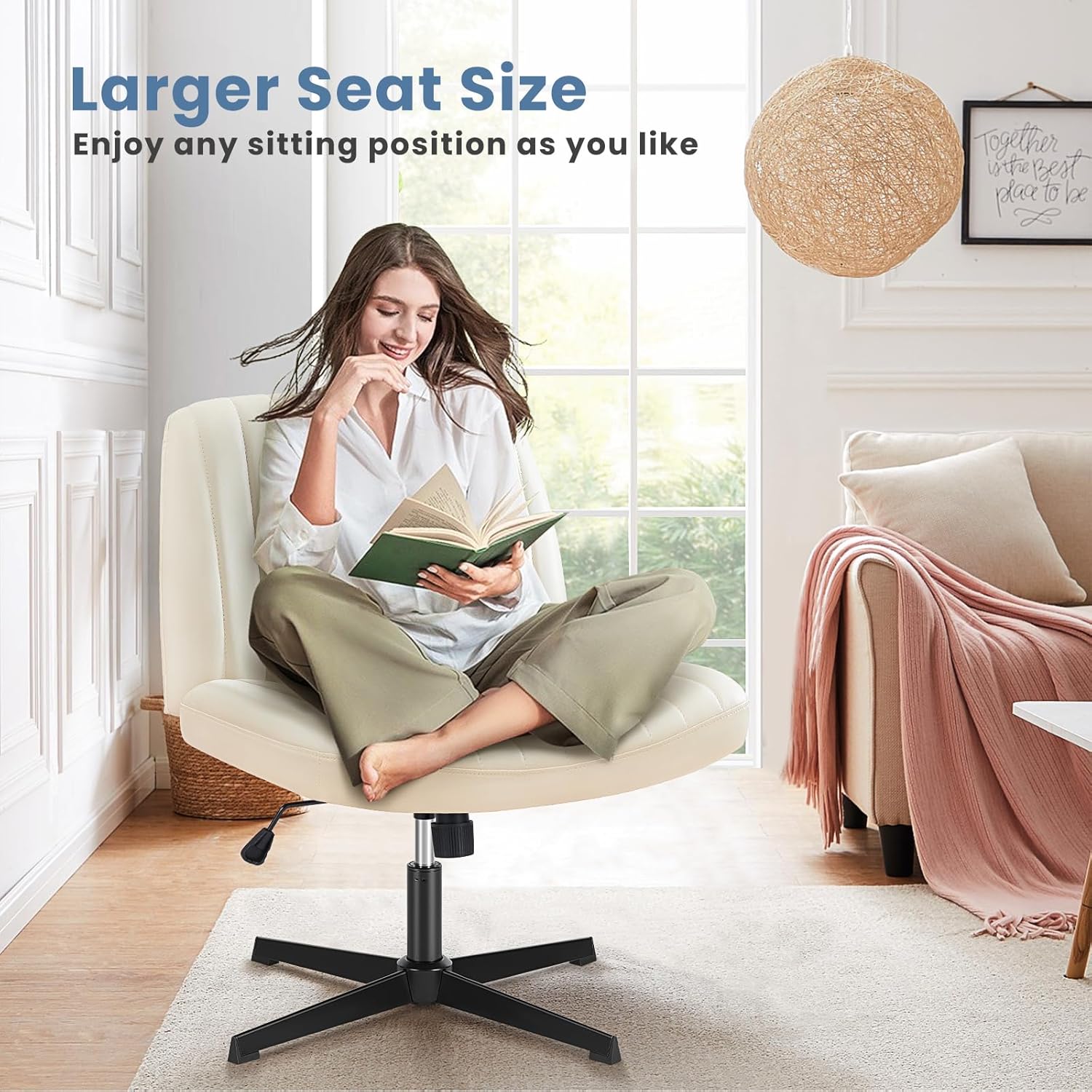 DUMOS Criss Cross Chair No Wheels, Wide Seat Cross Legged Office Desk Vanity Chair, Faux Leather Armless Height Adjustable Swivel Task Computer Chairs for Home, Study, Beige PU