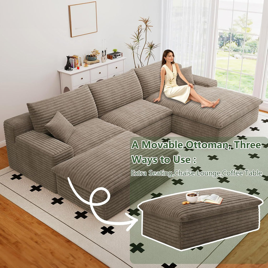 107" Cloud Couch Modular Sectional Sofa for Living Room, U-Shape Boneless Couch with Deep Seat, Modern Corduroy 3-Seater with Ottoman, No Assembly Required (Camel,Right-Facing Chaise)