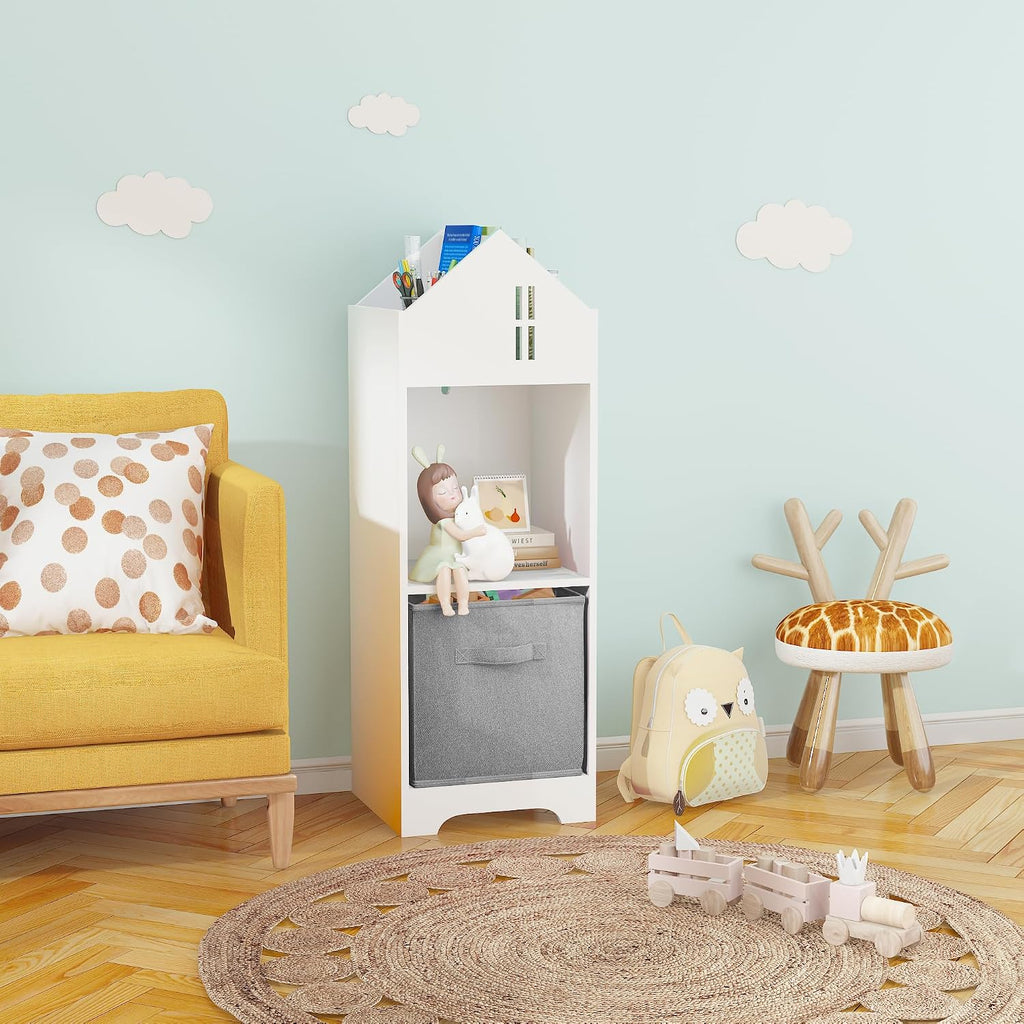 Bookcase with Storage, 2 Tier Storage Display Organizer, Toddler Bookshelf with Collapsible Fabric Drawers for Bedroom or Playroom (White,Gray)