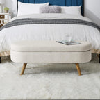43.5" Oval Storage Bench, End of Bed Storage Benches, Linen Fabric Upholstered Ottoman Bench with Safety Hinge for Living Room Entryway Bedroom Hallway (Beige, 43.5 inch)