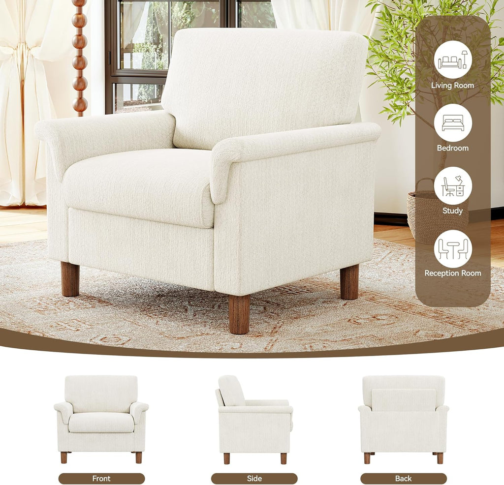 Mid Century Modern Accent Chair,Chenille Comfy Living Room Arm Chairs,Bedroom Reading Chair with Widen Arm Rest,Cozy Single Sofa Corner Side Chair,Easy Assembly Required,Beige