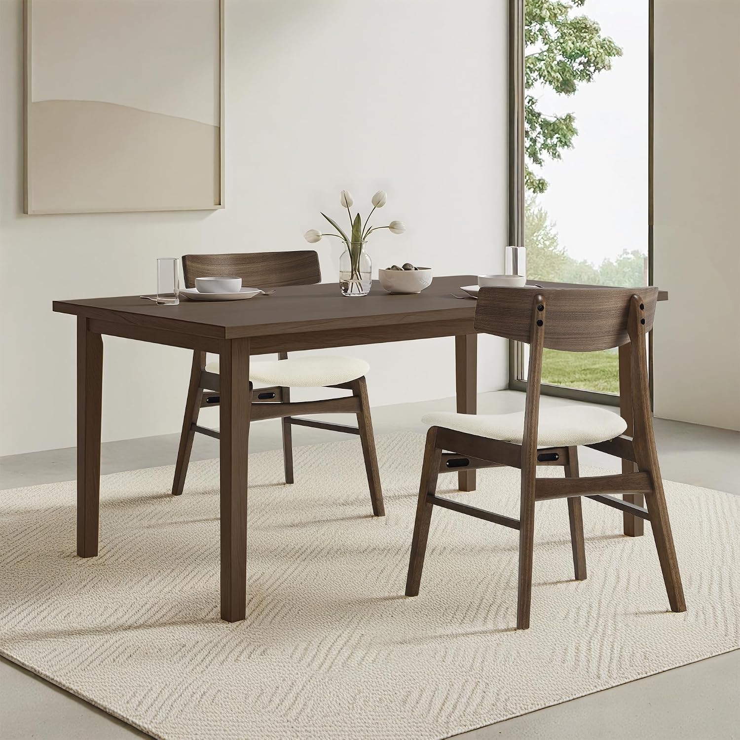 KISLOT Wooden Dining Chairs Set of 4, Upholstered Modern Dining Room Chairs, Mid Century Oak Kitchen Chairs with Curved Wood Backrest for Farmhouse, Restaurant, Café (Cream Fabric & Walnut Color)