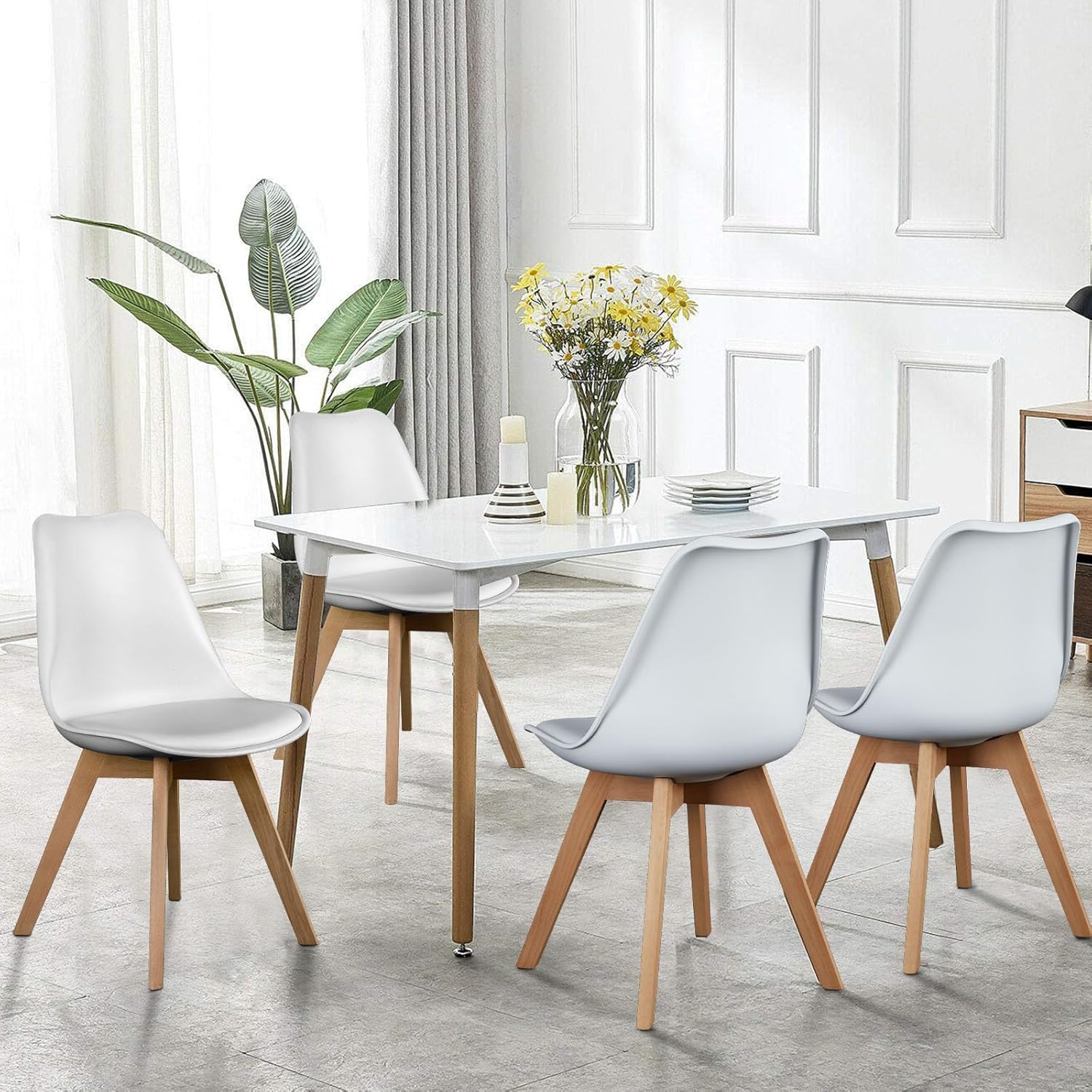 OLIXIS Dining Chairs Set of 4, Mid Century Modern Accent Chairs with Curved Backrest and Wood Legs, PU Leather Upholstered Kitchen Side Chairs for Living Room, Bedroom, Outdoor Patio, White
